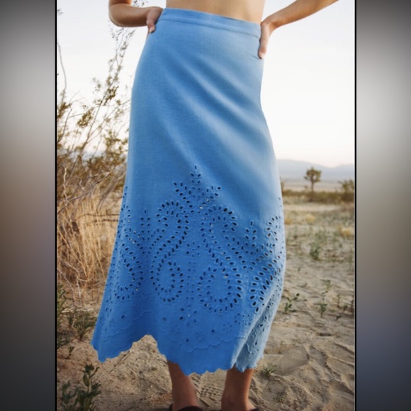 Zara Dresses & Skirts - Zara Blue Midi Skirt with Eyelet Design